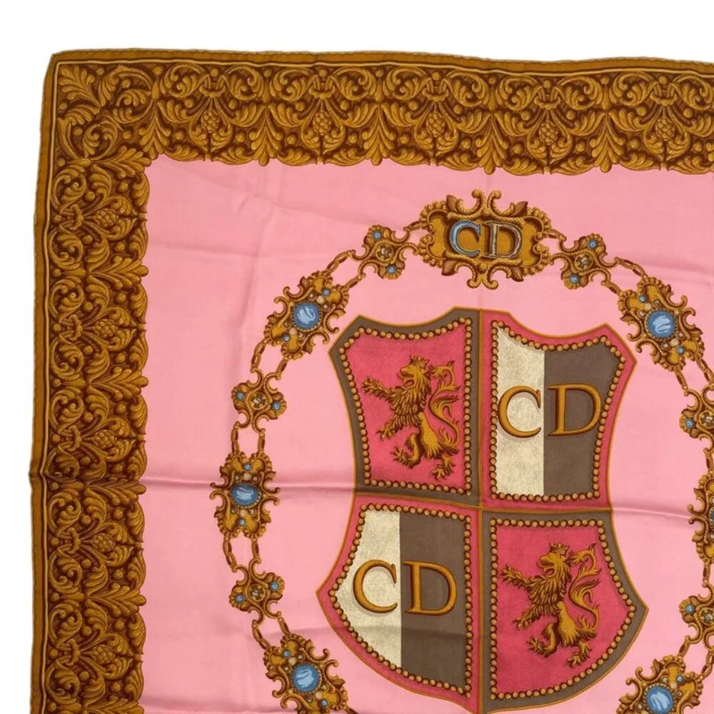 Dior Christian Scarf Silk Logo Emblem Pink Gold
